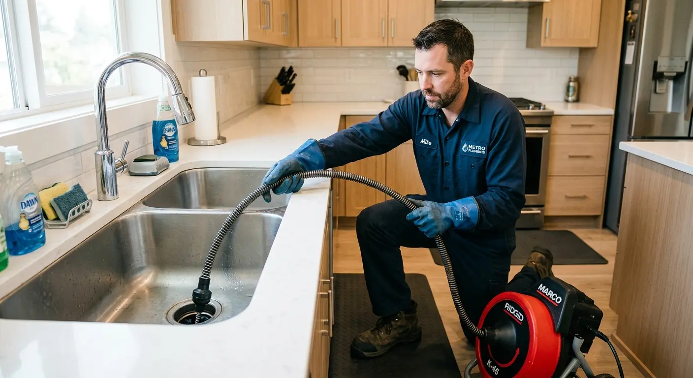 Drain cleaning technician using a motorized snake on a kitchen sink in Cocoa Beach