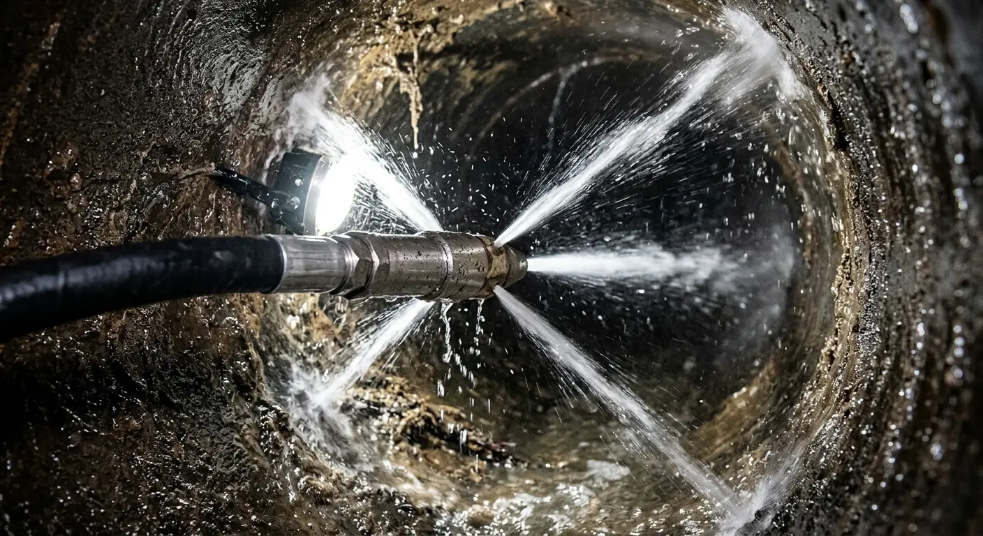 High-pressure hydro jetting nozzle cleaning sewer pipe for Emergency Drain Service in Cocoa Beach