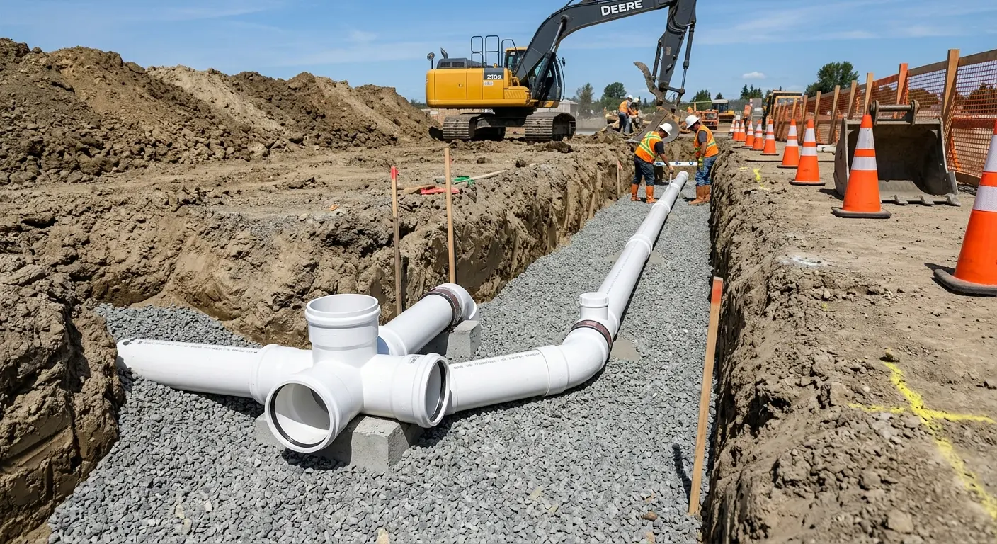 New PVC sewer pipe installation in open trench for Commercial Drain Cleaning in Cocoa Beach