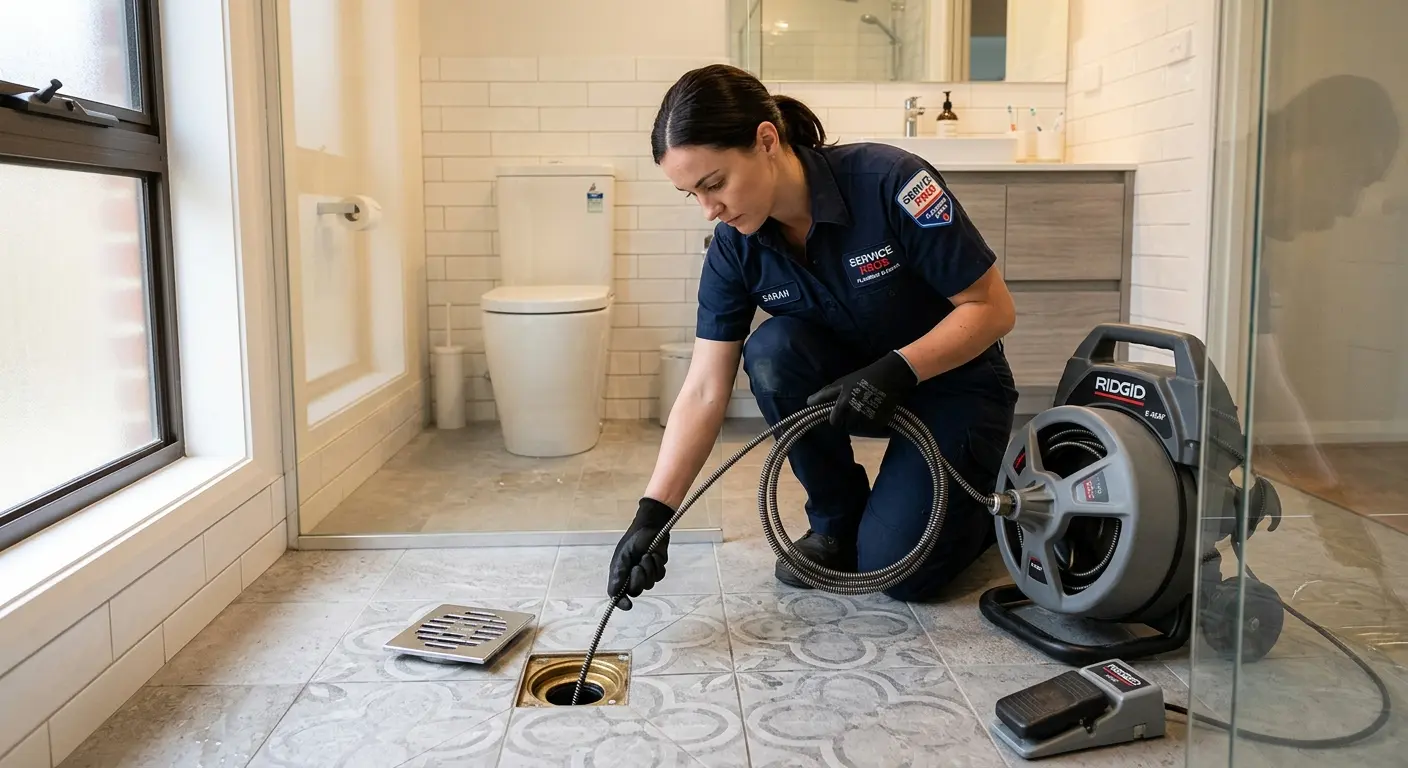 Technician clearing a bathroom floor drain for Sewer Line Replacement in Cocoa Beach